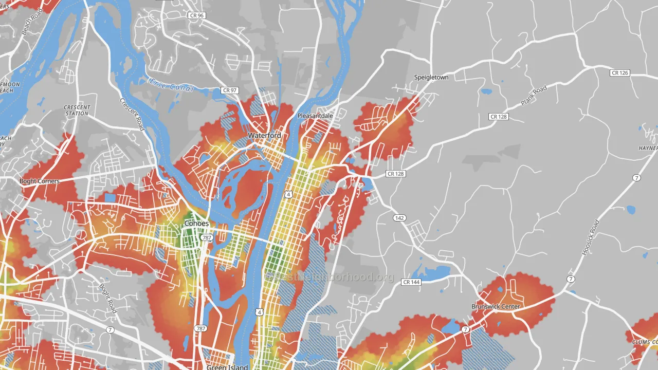 Walk Grade map of 12182, NY, walkable areas in green and car-dependent areas in red