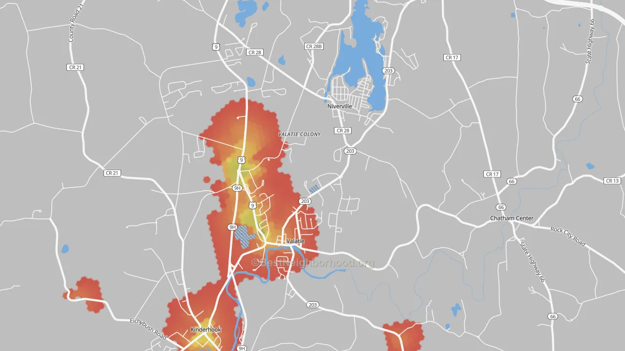 Walk Grade map of 12184, NY, walkable areas in green and car-dependent areas in red