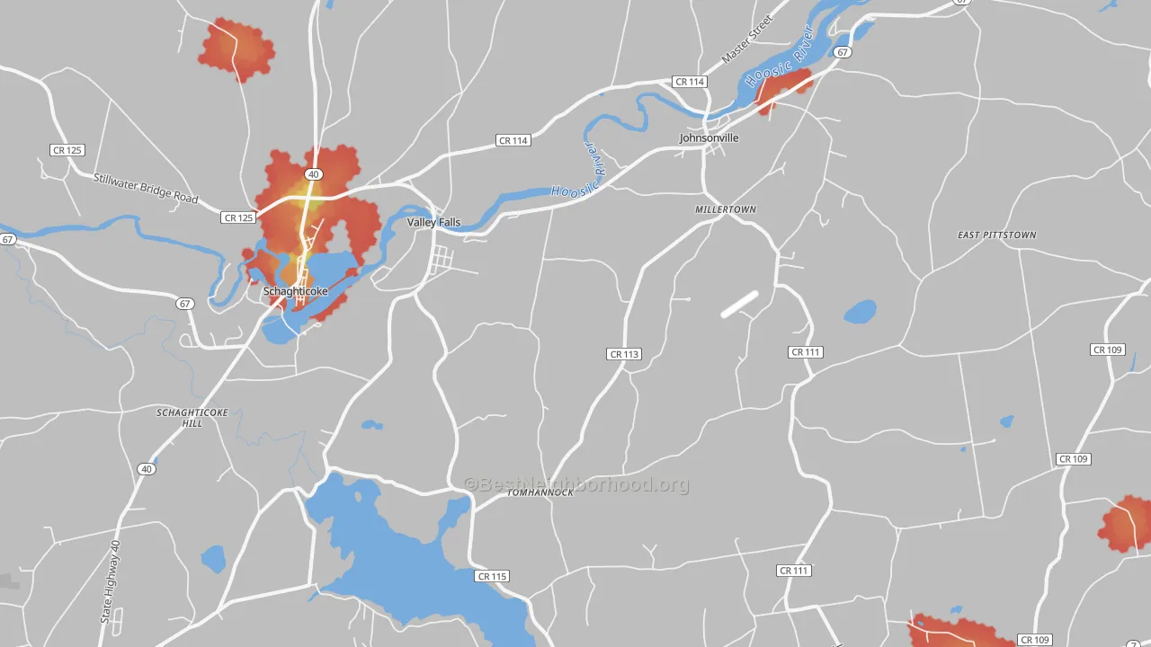 Walk Grade map of 12185, NY, walkable areas in green and car-dependent areas in red