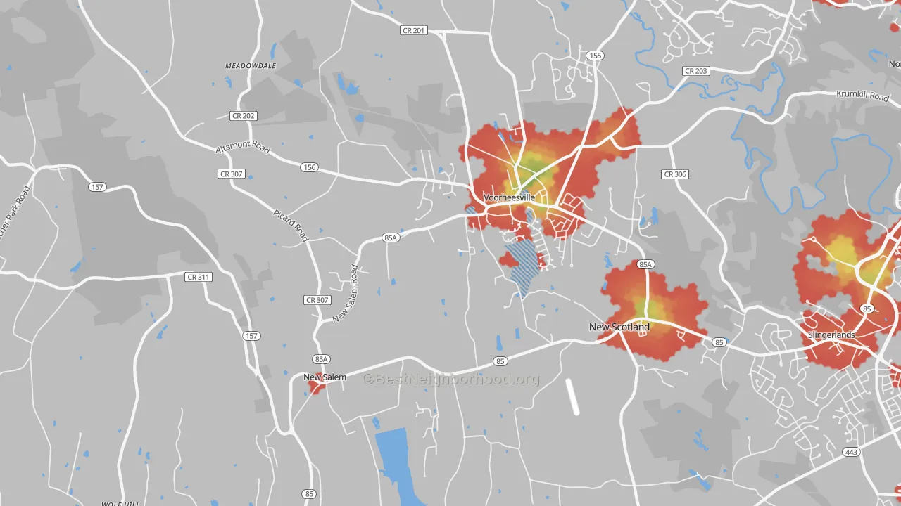 Walk Grade map of 12186, NY, walkable areas in green and car-dependent areas in red
