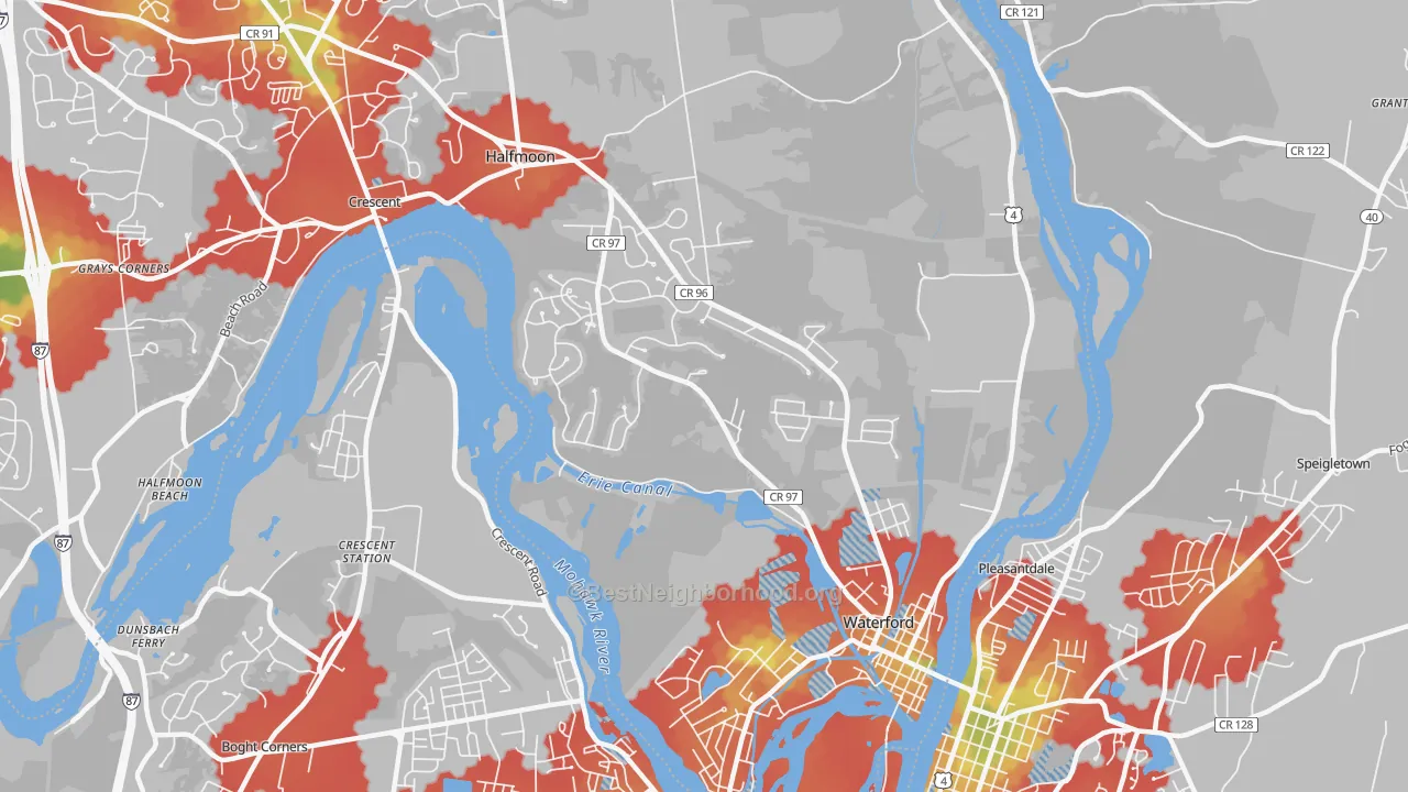 Walk Grade map of 12188, NY, walkable areas in green and car-dependent areas in red
