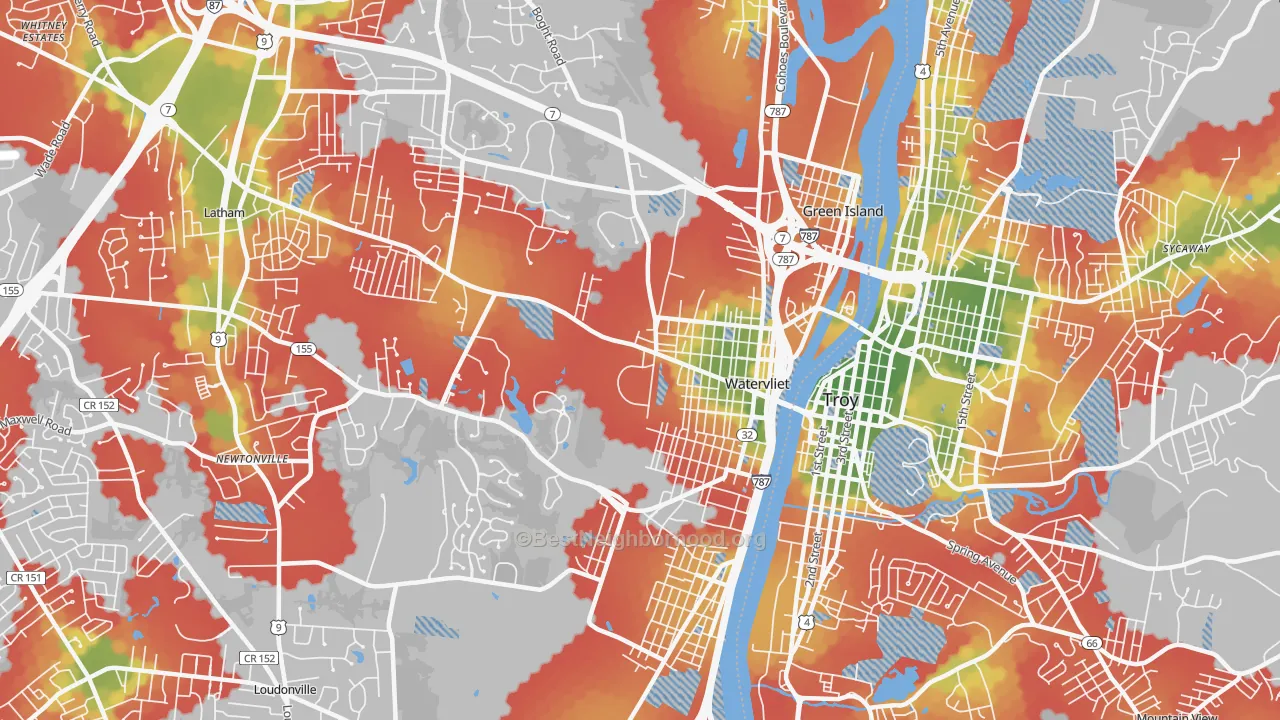 Walk Grade map of 12189, NY, walkable areas in green and car-dependent areas in red