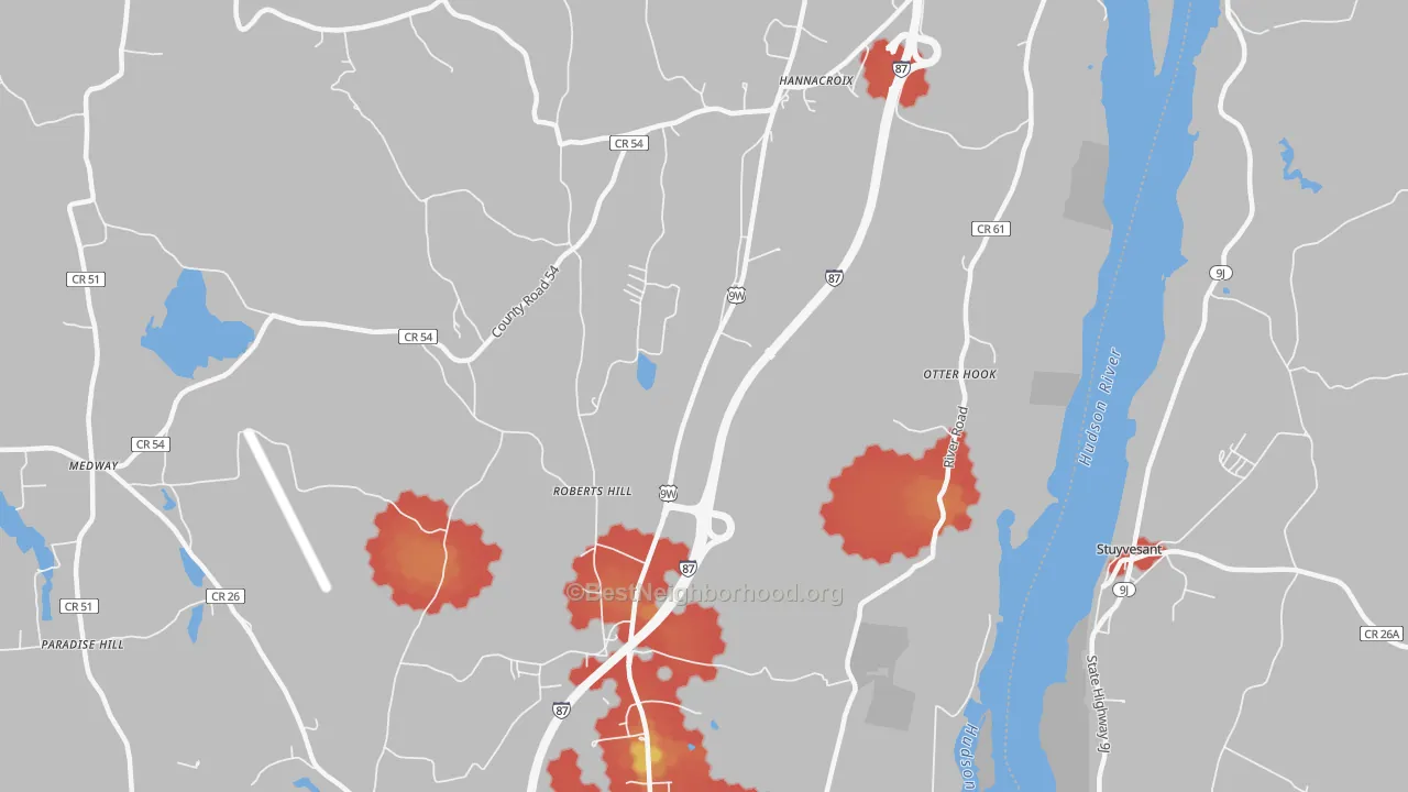 Walk Grade map of 12192, NY, walkable areas in green and car-dependent areas in red