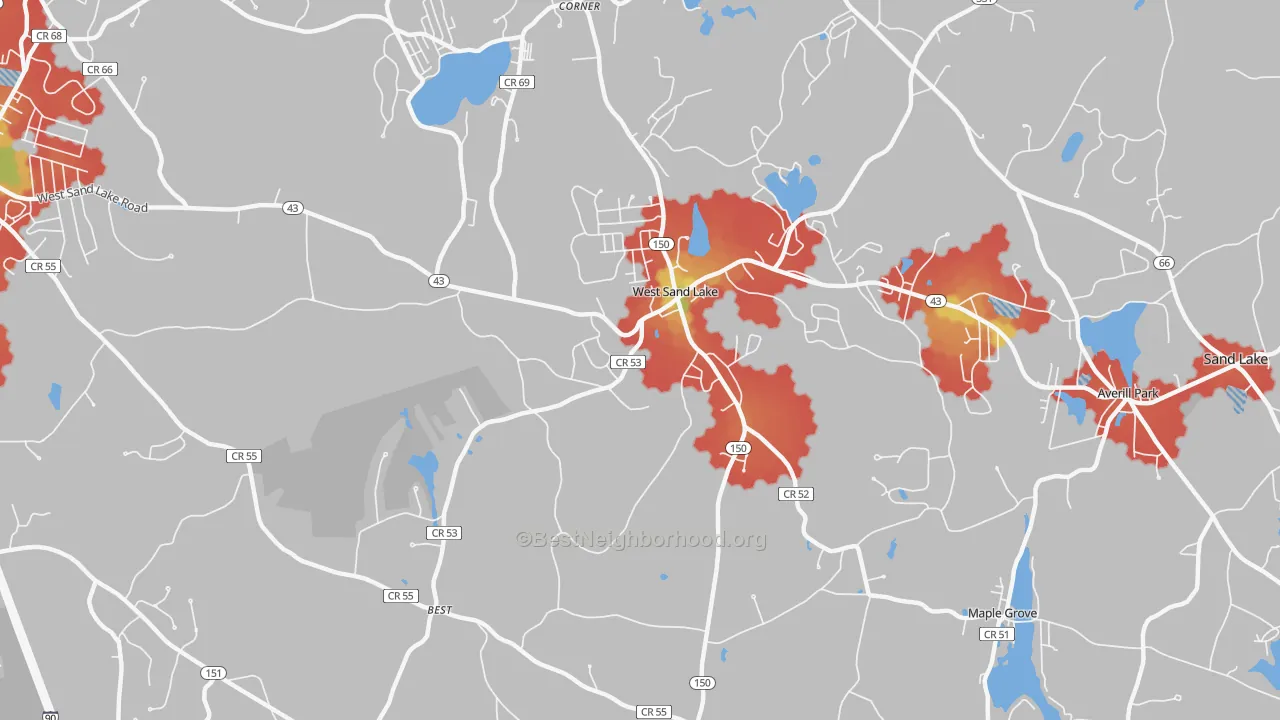 Walk Grade map of 12196, NY, walkable areas in green and car-dependent areas in red