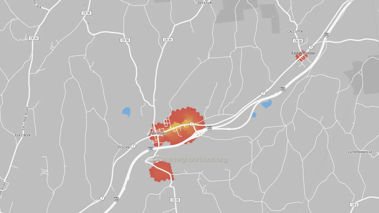Walk Grade map of 12197, NY, walkable areas in green and car-dependent areas in red