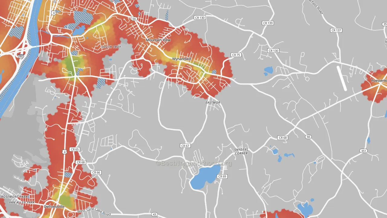 Walk Grade map of 12198, NY, walkable areas in green and car-dependent areas in red