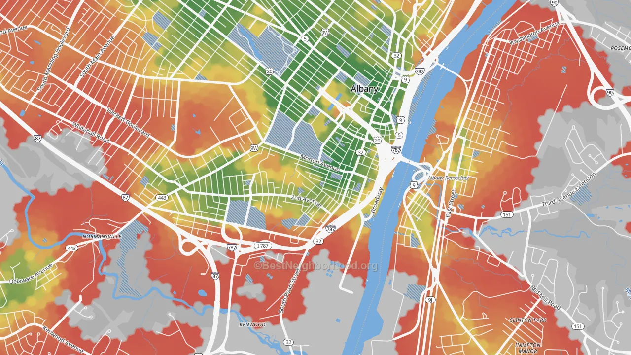 Walk Grade map of 12202, NY, walkable areas in green and car-dependent areas in red