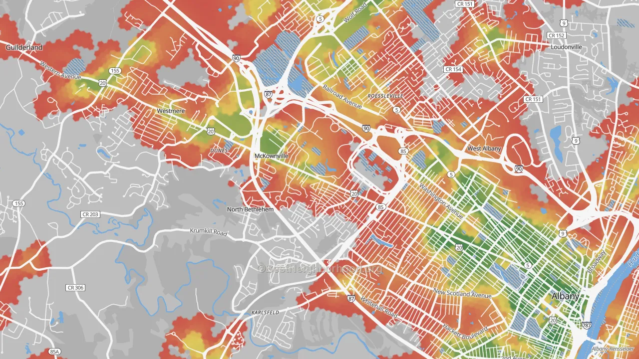 Walk Grade map of 12203, NY, walkable areas in green and car-dependent areas in red