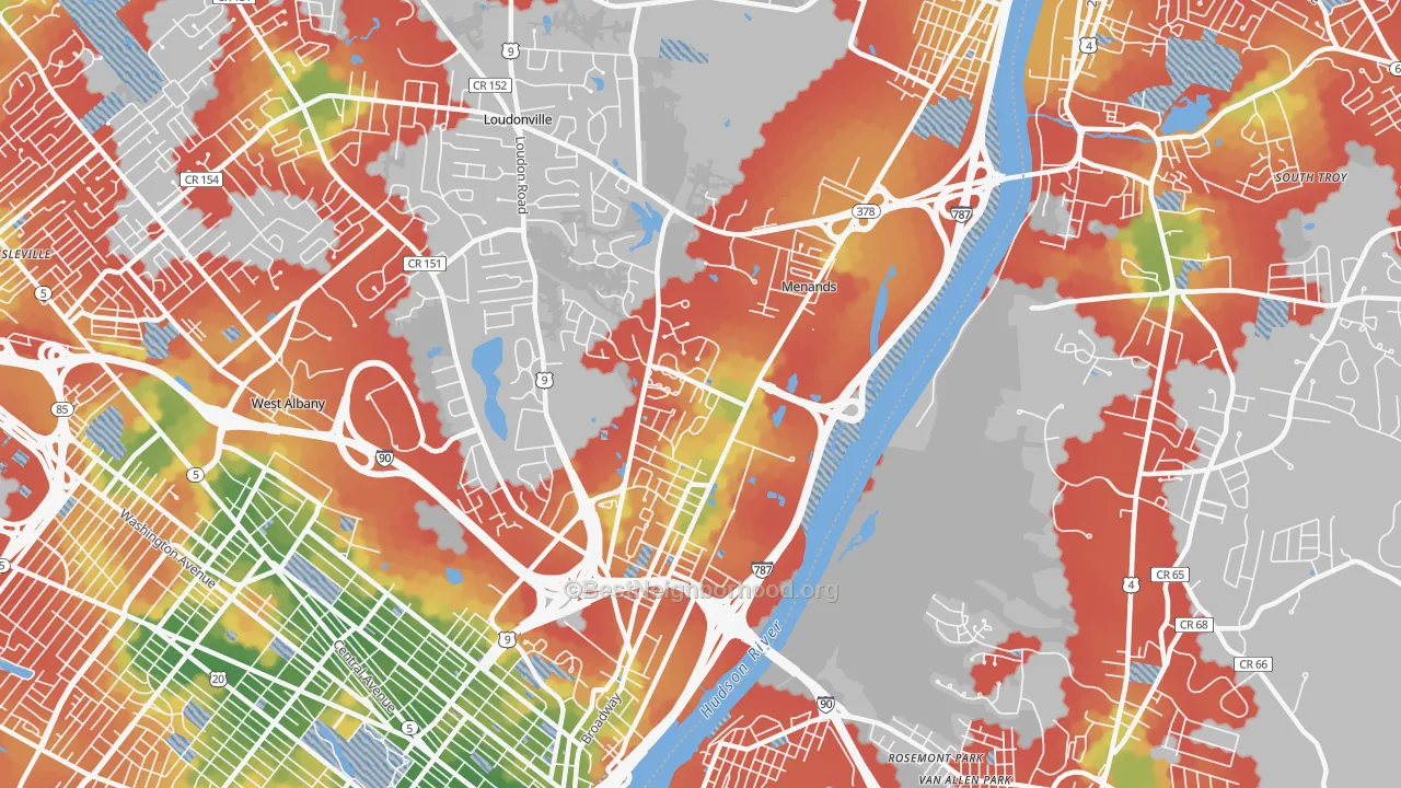 Walk Grade map of 12204, NY, walkable areas in green and car-dependent areas in red