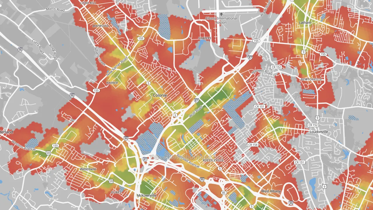 Walk Grade map of 12205, NY, walkable areas in green and car-dependent areas in red