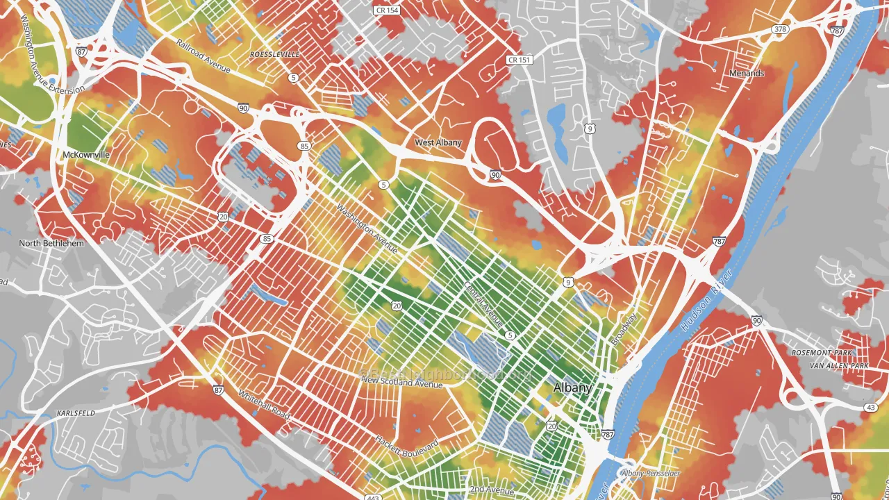 Walk Grade map of 12206, NY, walkable areas in green and car-dependent areas in red