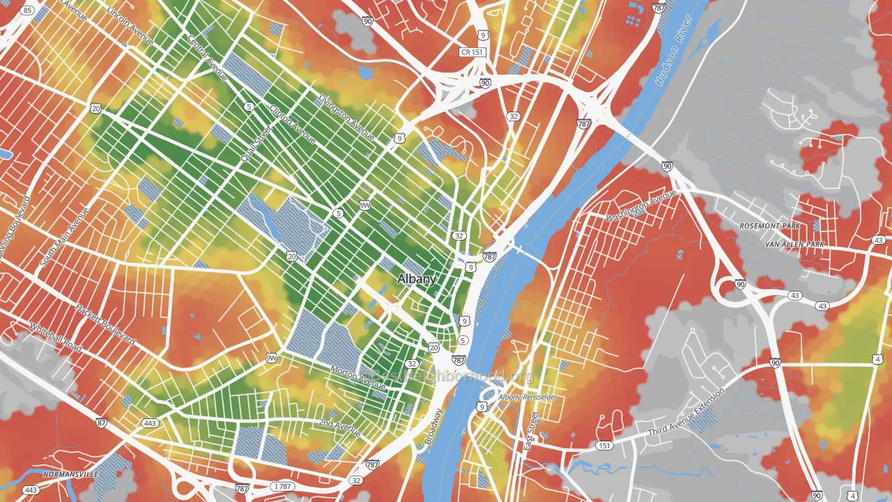 Walk Grade map of 12207, NY, walkable areas in green and car-dependent areas in red