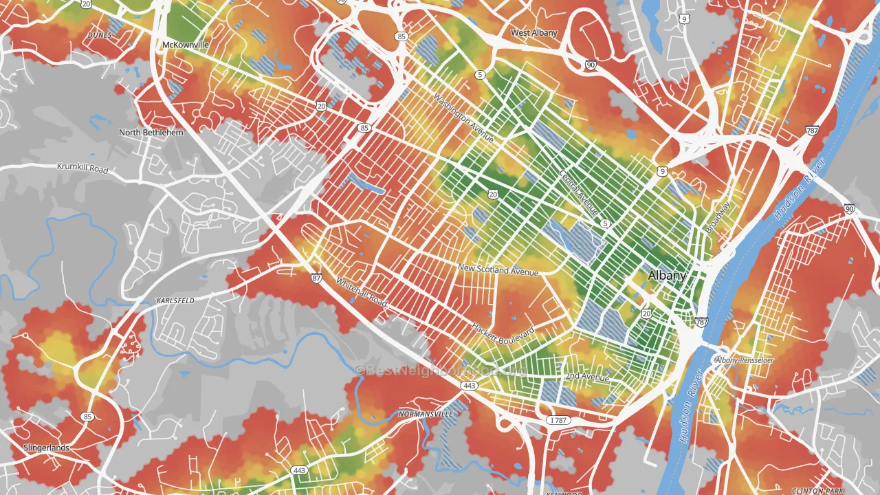 Walk Grade map of 12208, NY, walkable areas in green and car-dependent areas in red