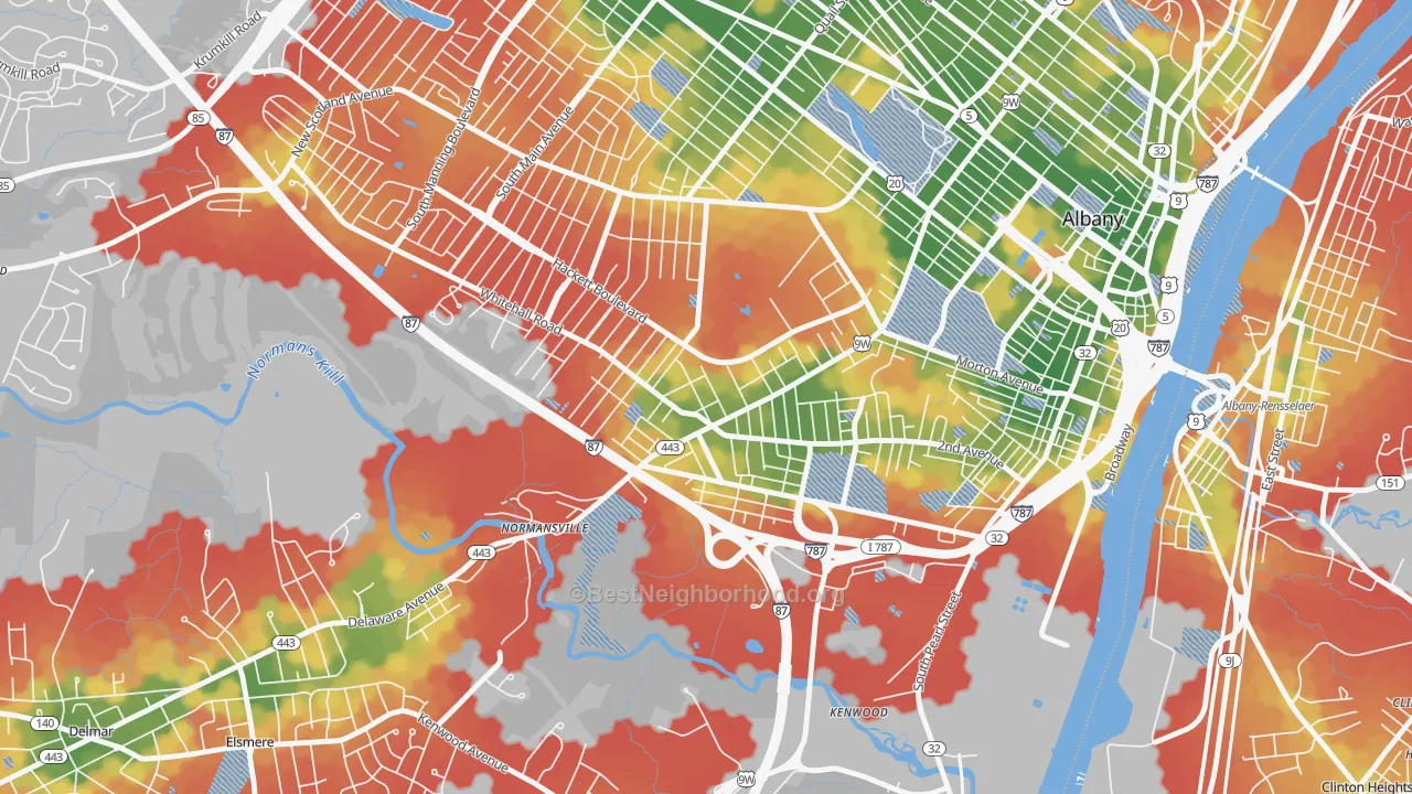 Walk Grade map of 12209, NY, walkable areas in green and car-dependent areas in red