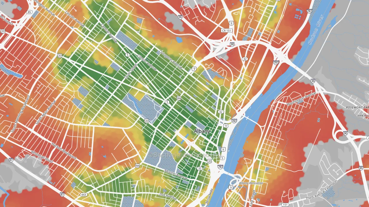 Walk Grade map of 12210, NY, walkable areas in green and car-dependent areas in red