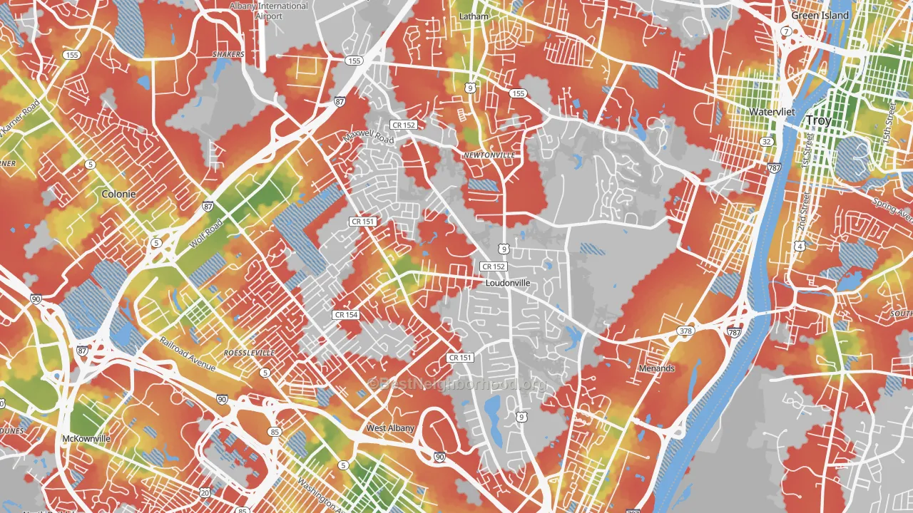 Walk Grade map of 12211, NY, walkable areas in green and car-dependent areas in red