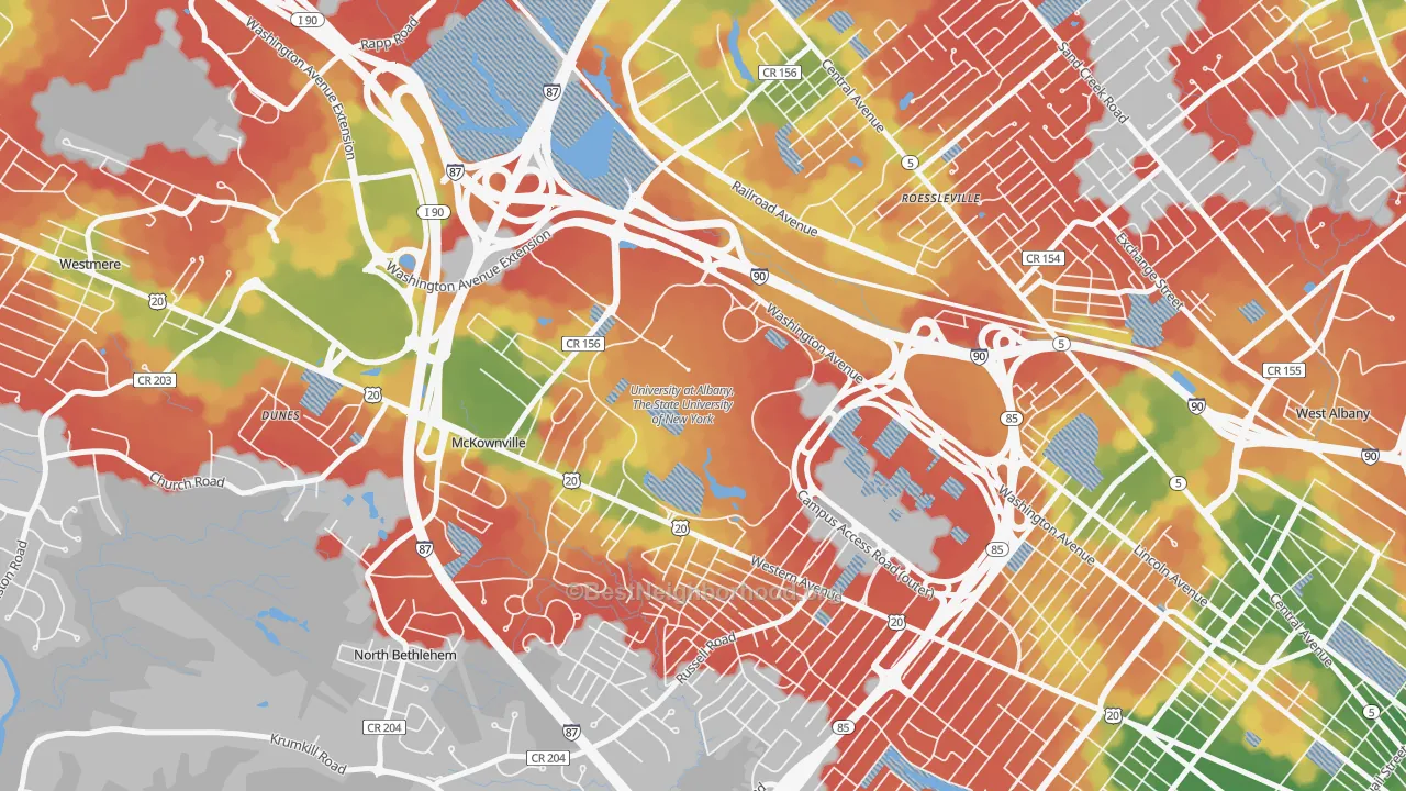 Walk Grade map of 12222, NY, walkable areas in green and car-dependent areas in red