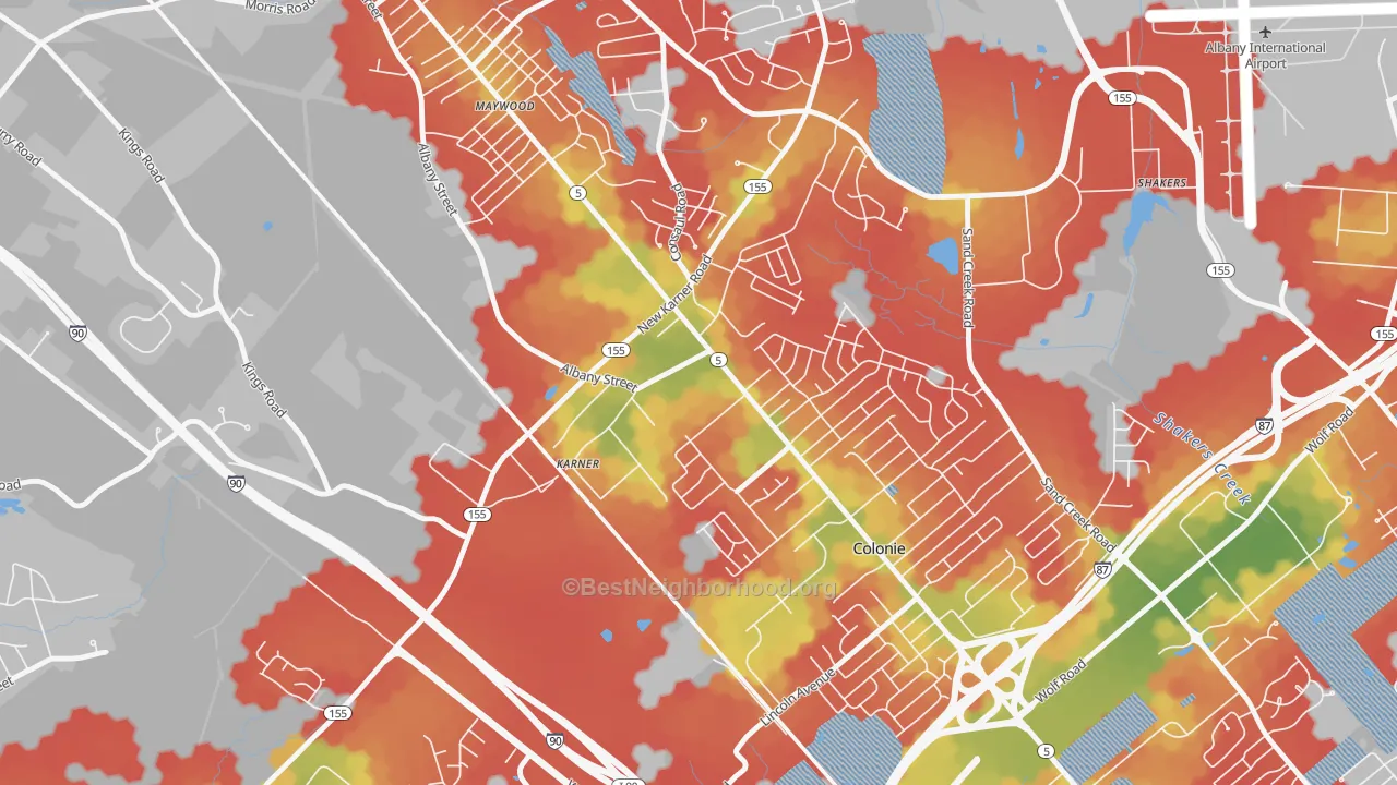 Walk Grade map of 12288, NY, walkable areas in green and car-dependent areas in red