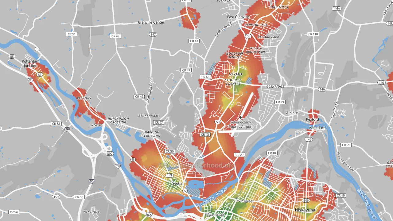 Walk Grade map of 12302, NY, walkable areas in green and car-dependent areas in red