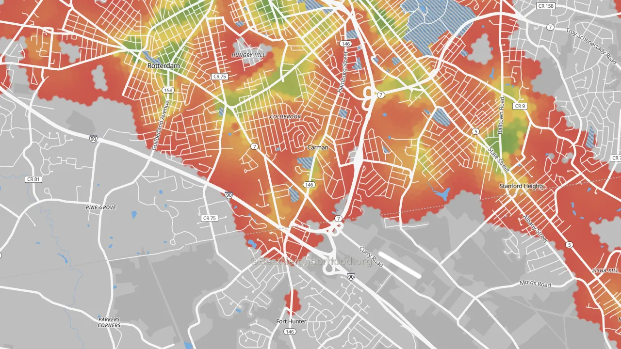 Walk Grade map of 12303, NY, walkable areas in green and car-dependent areas in red