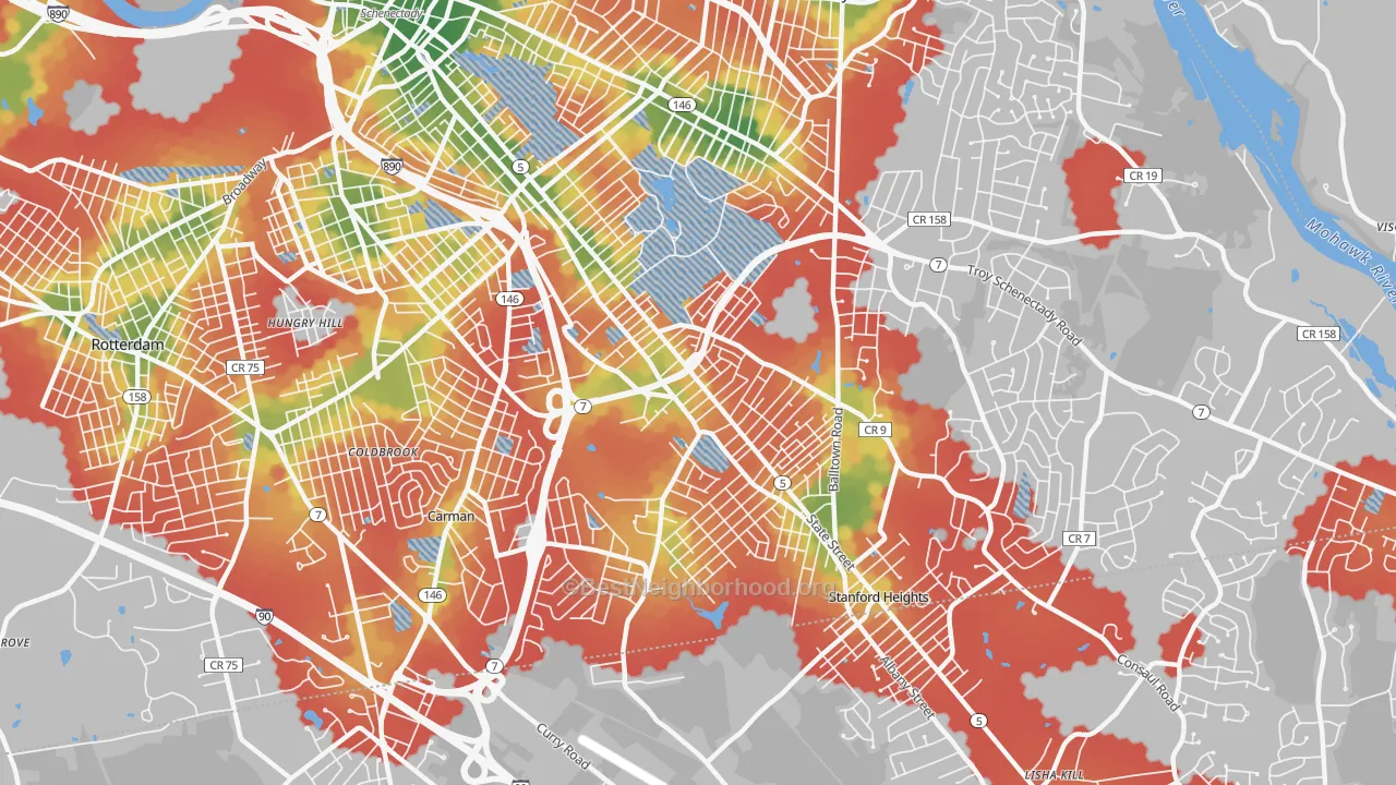 Walk Grade map of 12304, NY, walkable areas in green and car-dependent areas in red