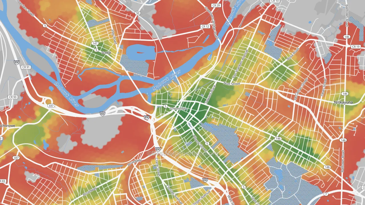 Walk Grade map of 12305, NY, walkable areas in green and car-dependent areas in red