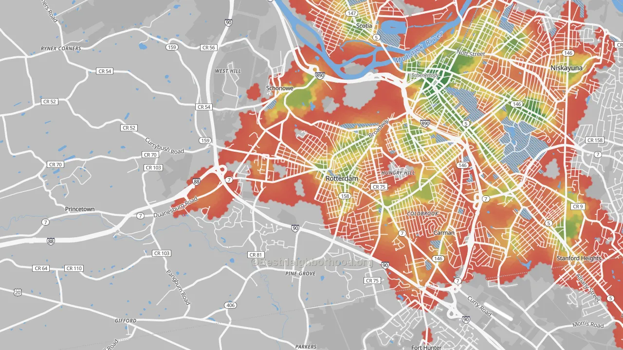 Walk Grade map of 12306, NY, walkable areas in green and car-dependent areas in red