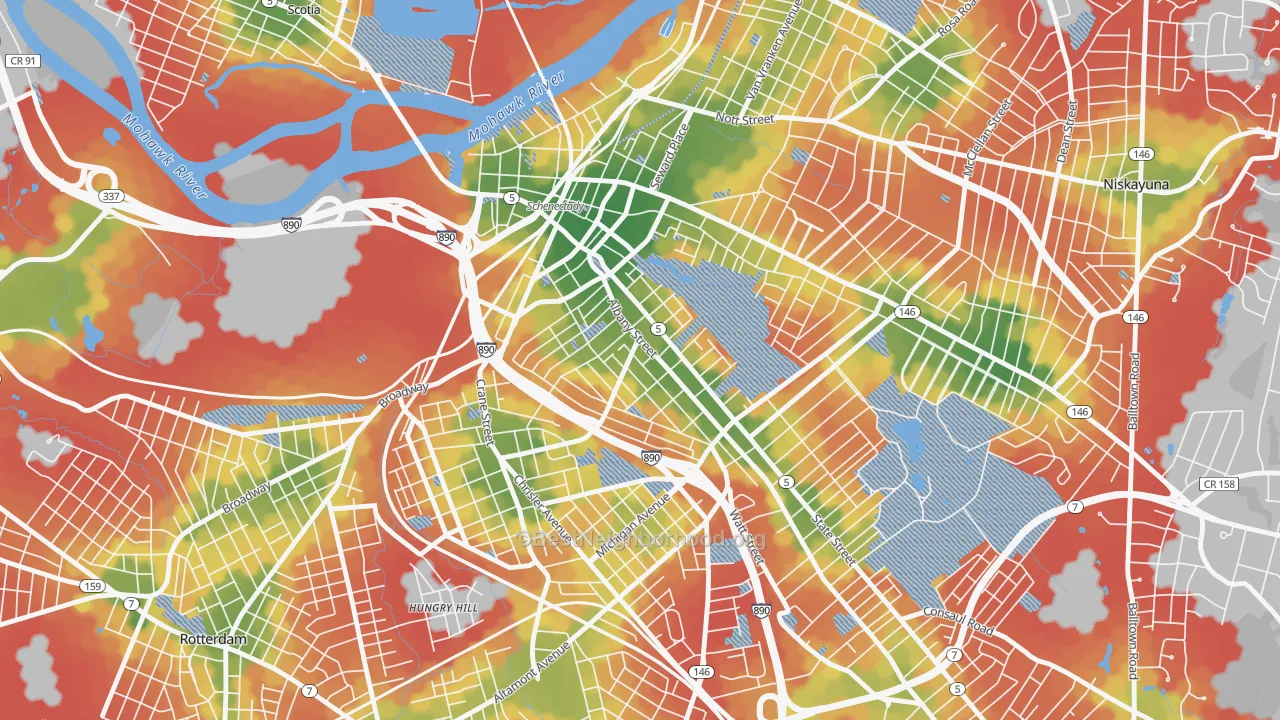 Walk Grade map of 12307, NY, walkable areas in green and car-dependent areas in red