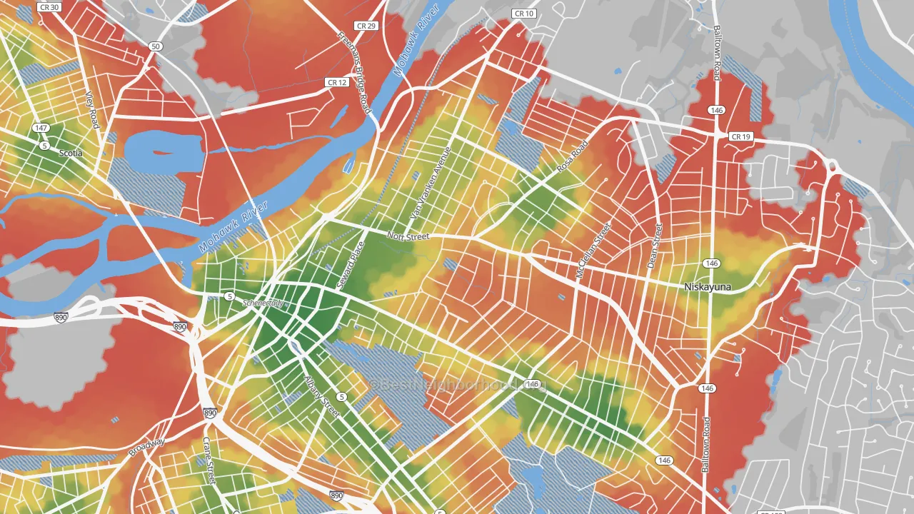 Walk Grade map of 12308, NY, walkable areas in green and car-dependent areas in red