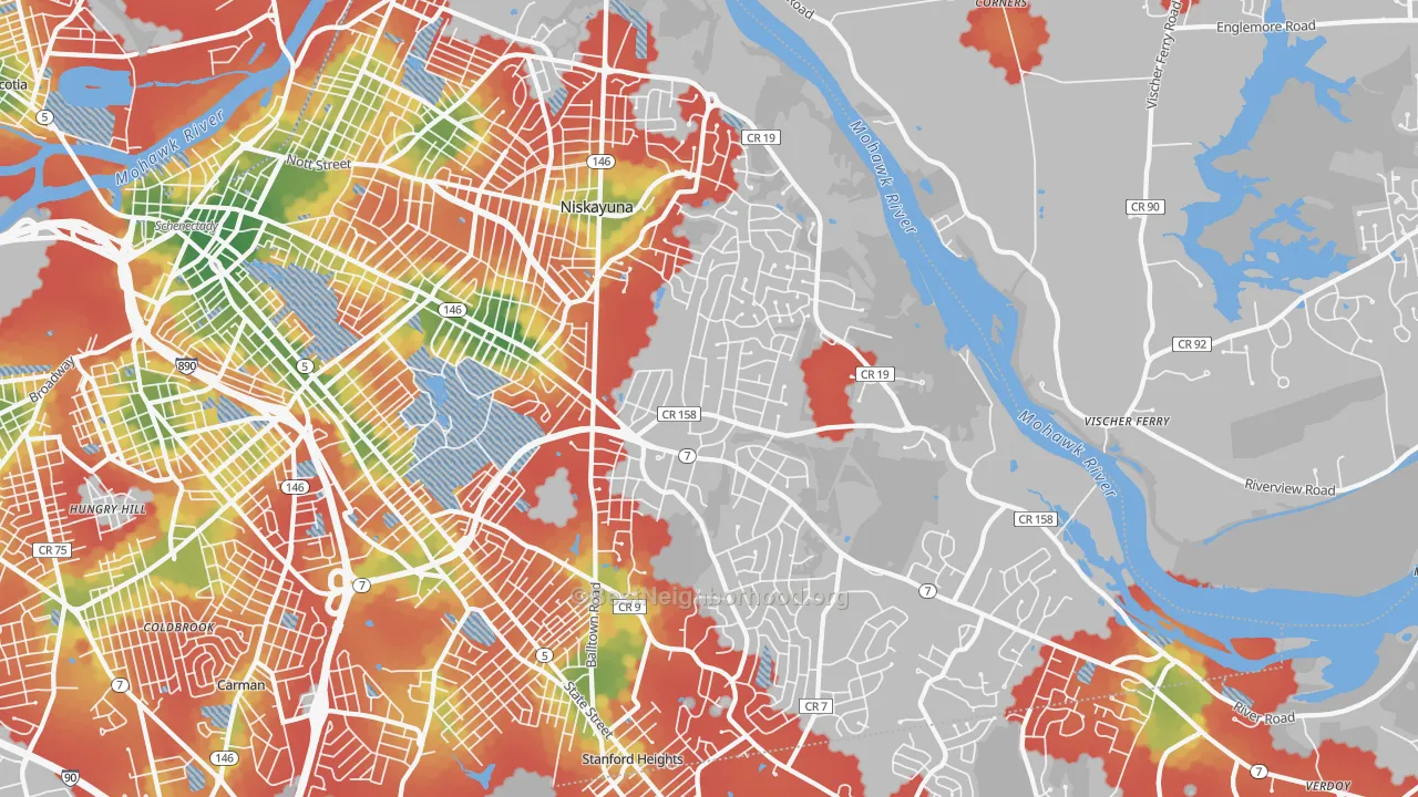 Walk Grade map of 12309, NY, walkable areas in green and car-dependent areas in red