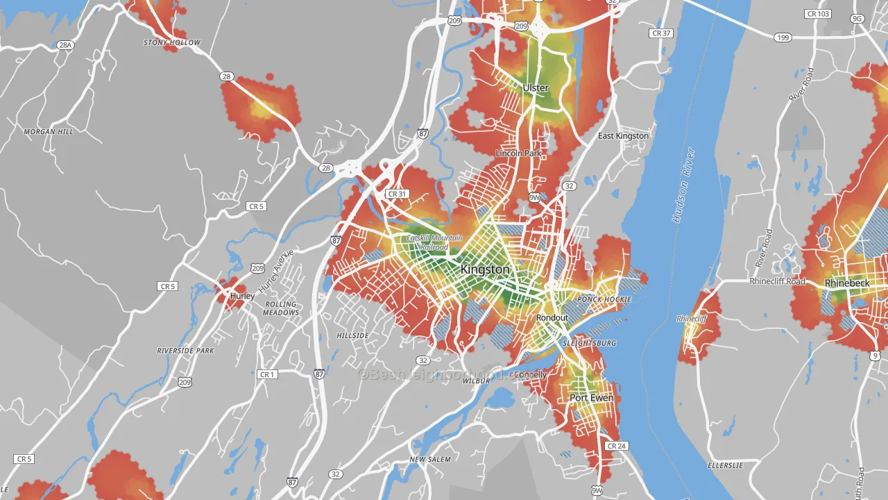 Walk Grade map of 12401, NY, walkable areas in green and car-dependent areas in red