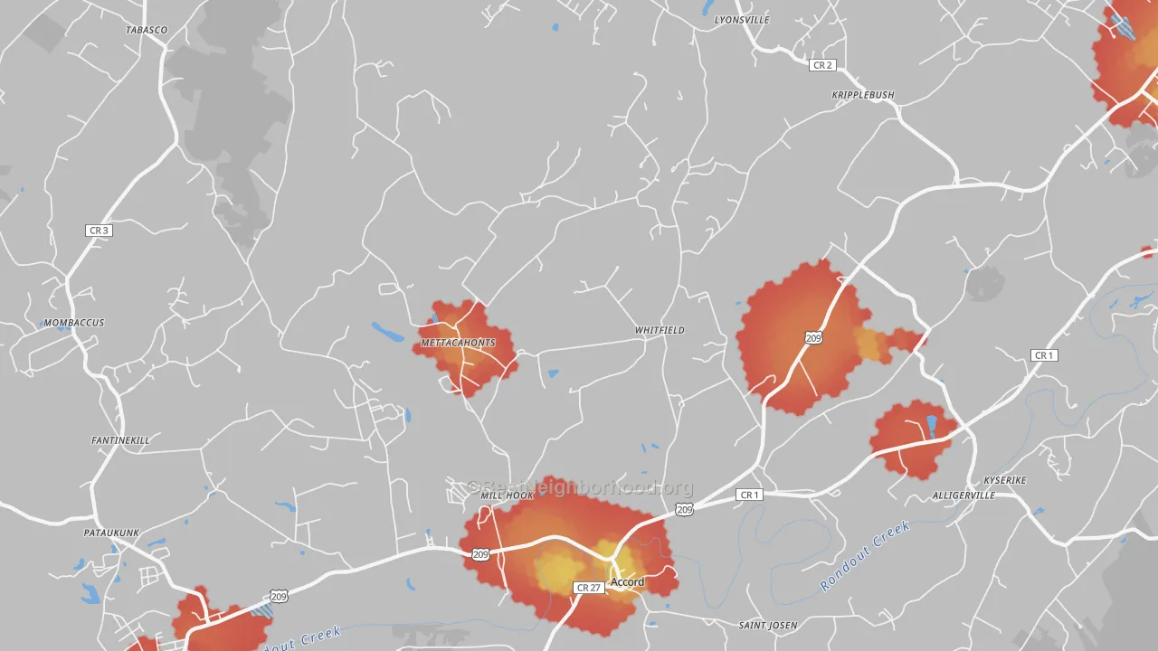 Walk Grade map of 12404, NY, walkable areas in green and car-dependent areas in red