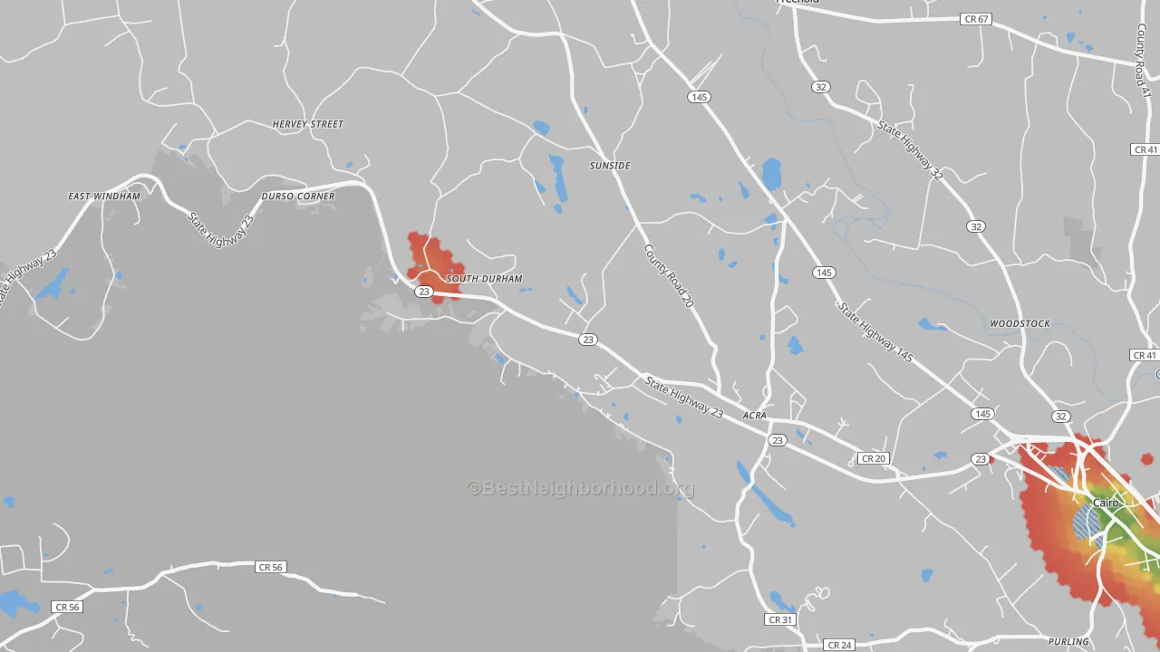 Walk Grade map of 12405, NY, walkable areas in green and car-dependent areas in red