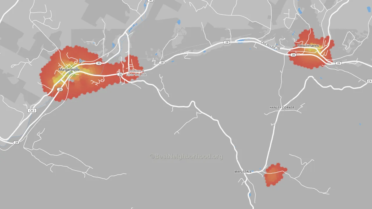 Walk Grade map of 12406, NY, walkable areas in green and car-dependent areas in red