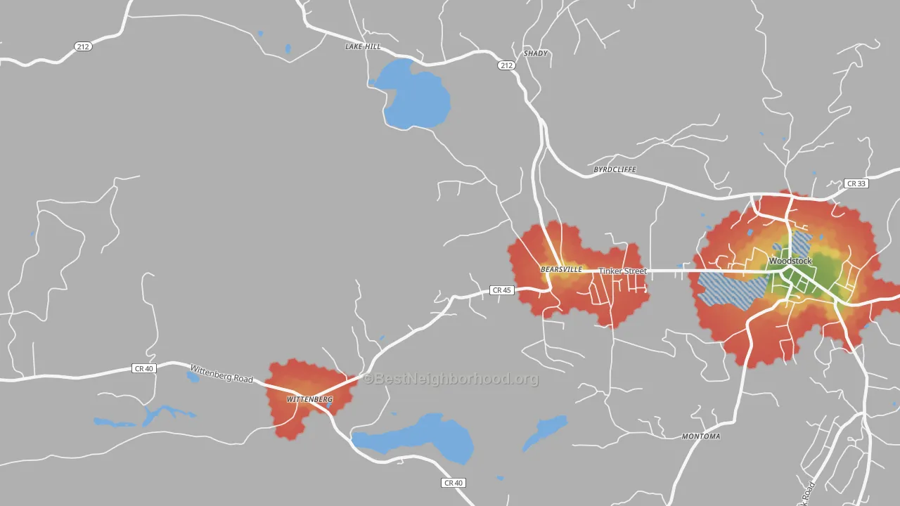 Walk Grade map of 12409, NY, walkable areas in green and car-dependent areas in red