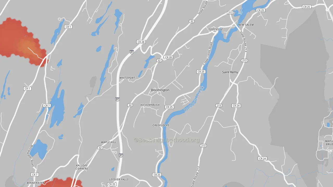Walk Grade map of 12411, NY, walkable areas in green and car-dependent areas in red