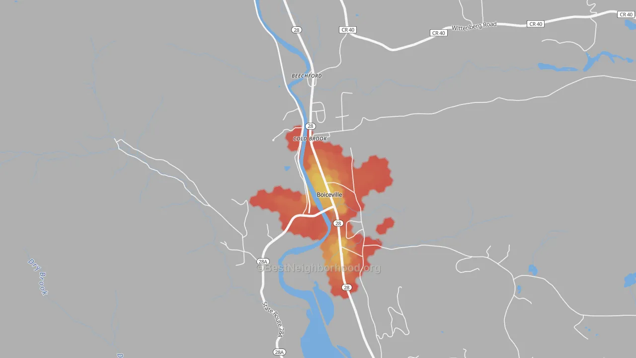 Walk Grade map of 12412, NY, walkable areas in green and car-dependent areas in red