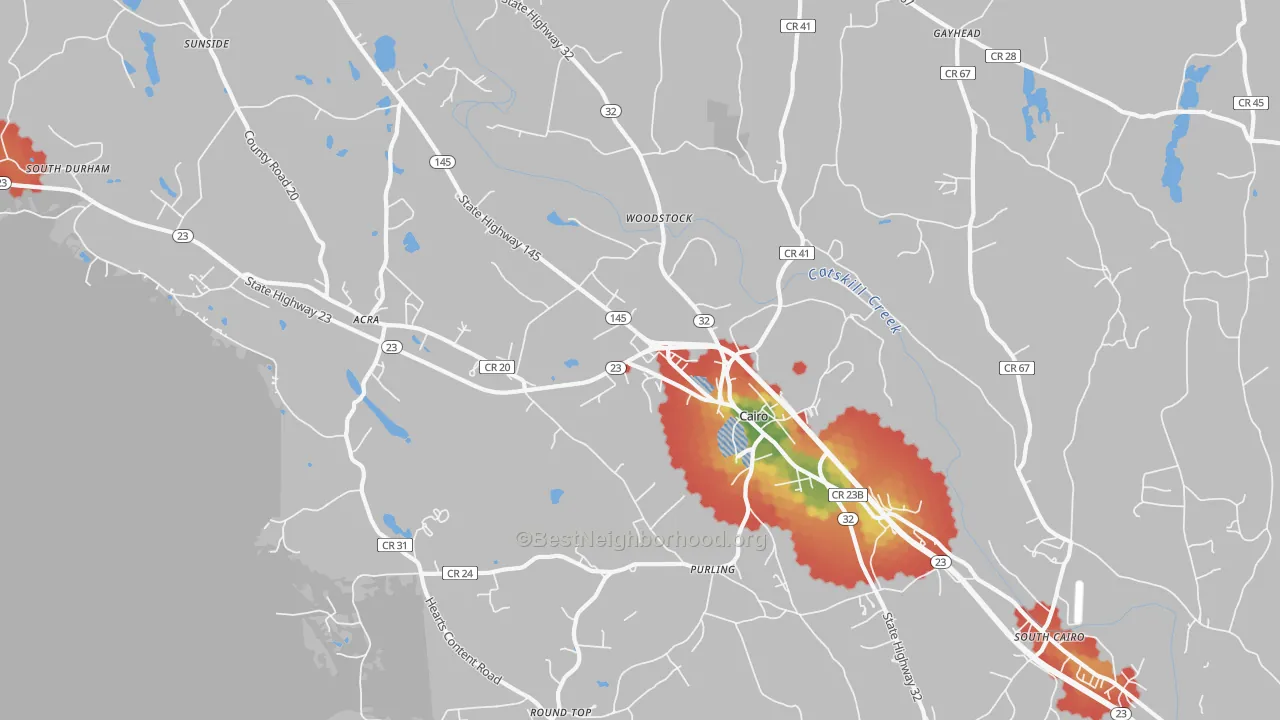 Walk Grade map of 12413, NY, walkable areas in green and car-dependent areas in red