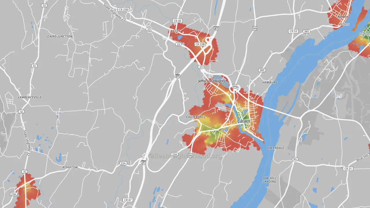 Walk Grade map of 12414, NY, walkable areas in green and car-dependent areas in red