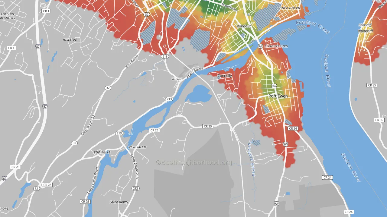 Walk Grade map of 12417, NY, walkable areas in green and car-dependent areas in red