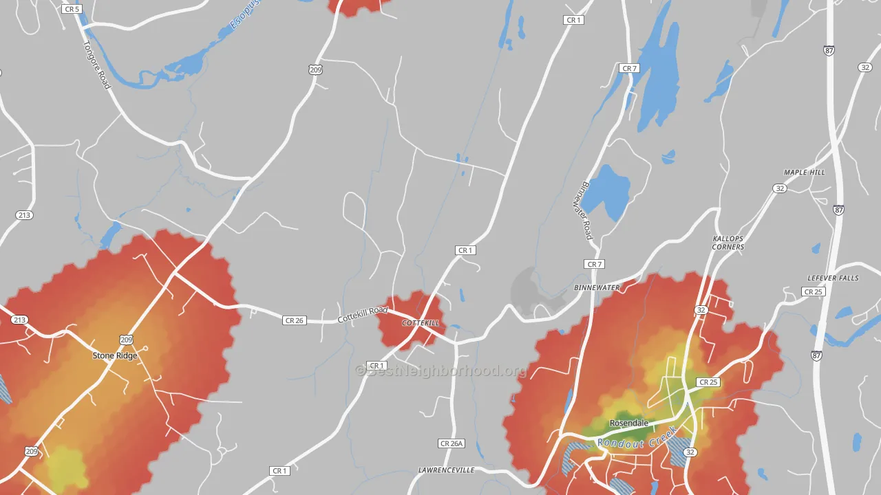 Walk Grade map of 12419, NY, walkable areas in green and car-dependent areas in red