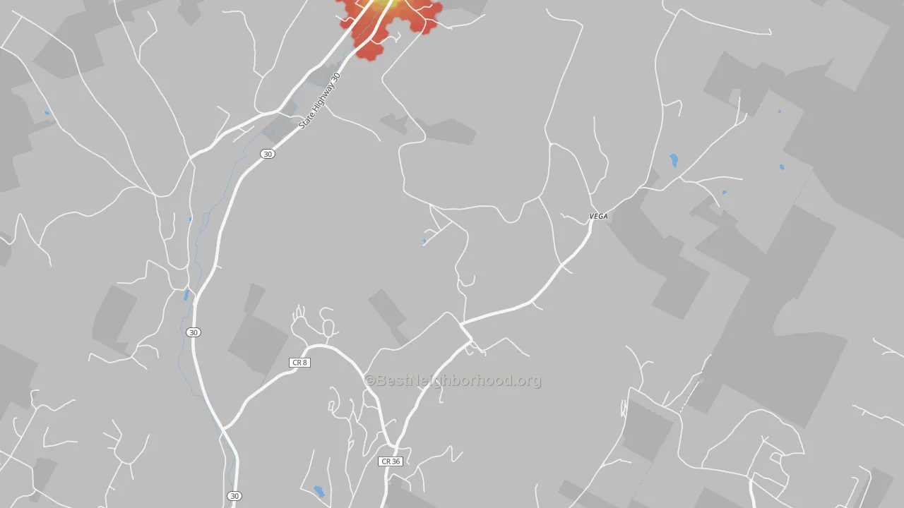 Walk Grade map of 12421, NY, walkable areas in green and car-dependent areas in red