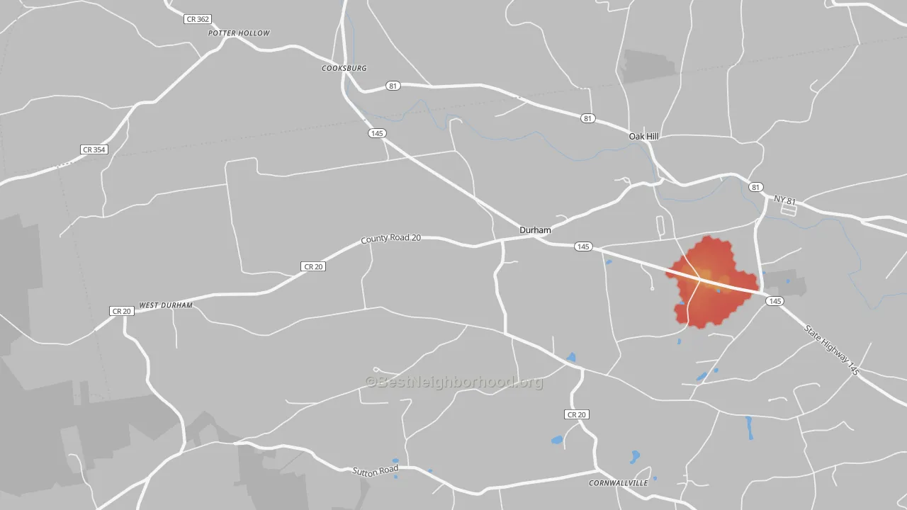 Walk Grade map of 12422, NY, walkable areas in green and car-dependent areas in red