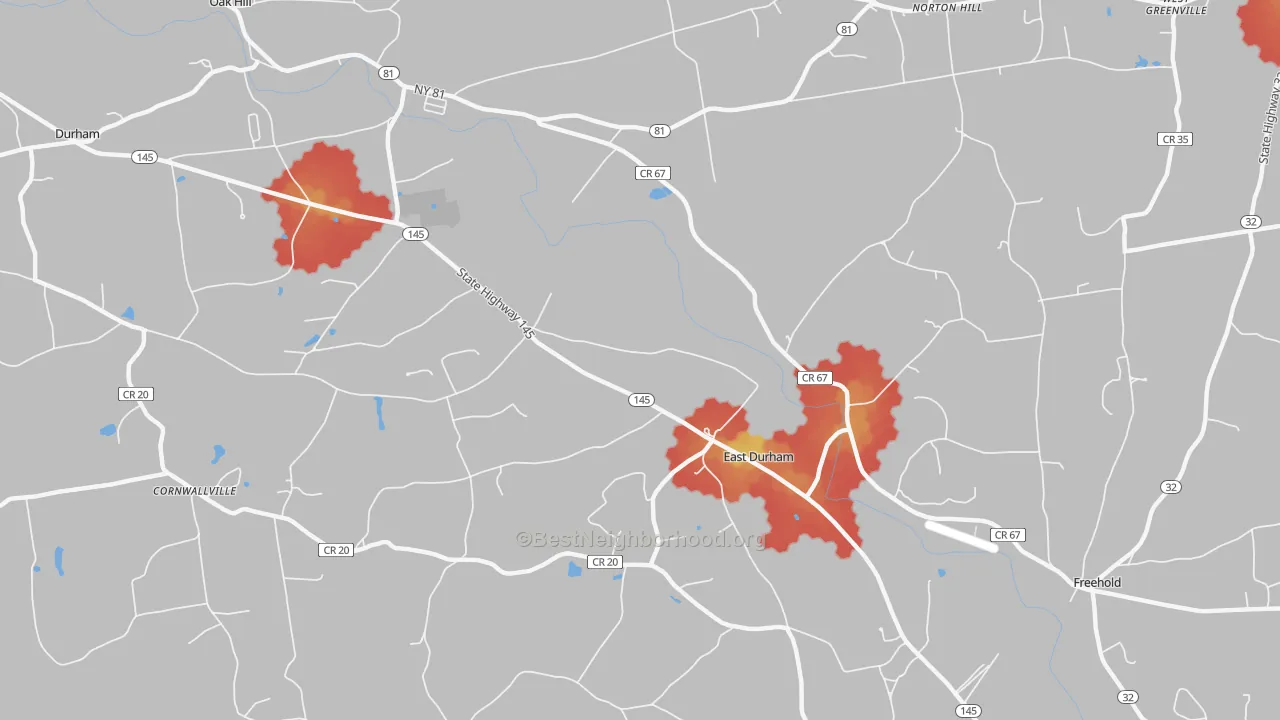 Walk Grade map of 12423, NY, walkable areas in green and car-dependent areas in red
