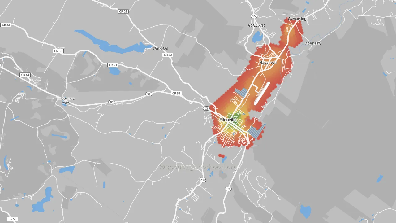 Walk Grade map of 12428, NY, walkable areas in green and car-dependent areas in red