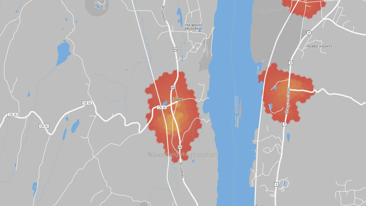 Walk Grade map of 12429, NY, walkable areas in green and car-dependent areas in red