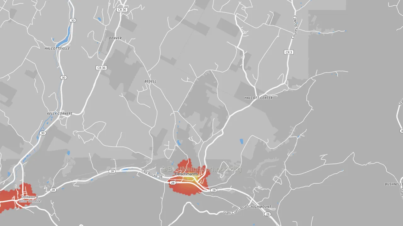 Walk Grade map of 12430, NY, walkable areas in green and car-dependent areas in red
