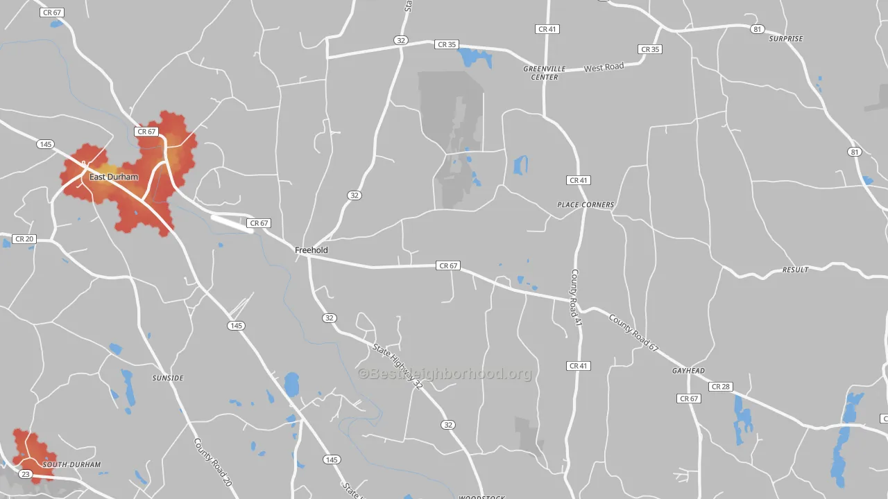 Walk Grade map of 12431, NY, walkable areas in green and car-dependent areas in red