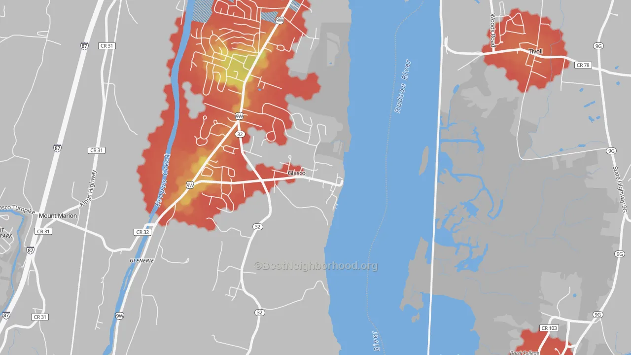 Walk Grade map of 12432, NY, walkable areas in green and car-dependent areas in red