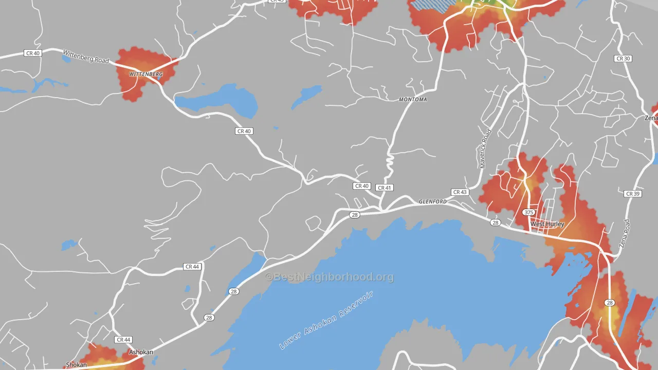 Walk Grade map of 12433, NY, walkable areas in green and car-dependent areas in red